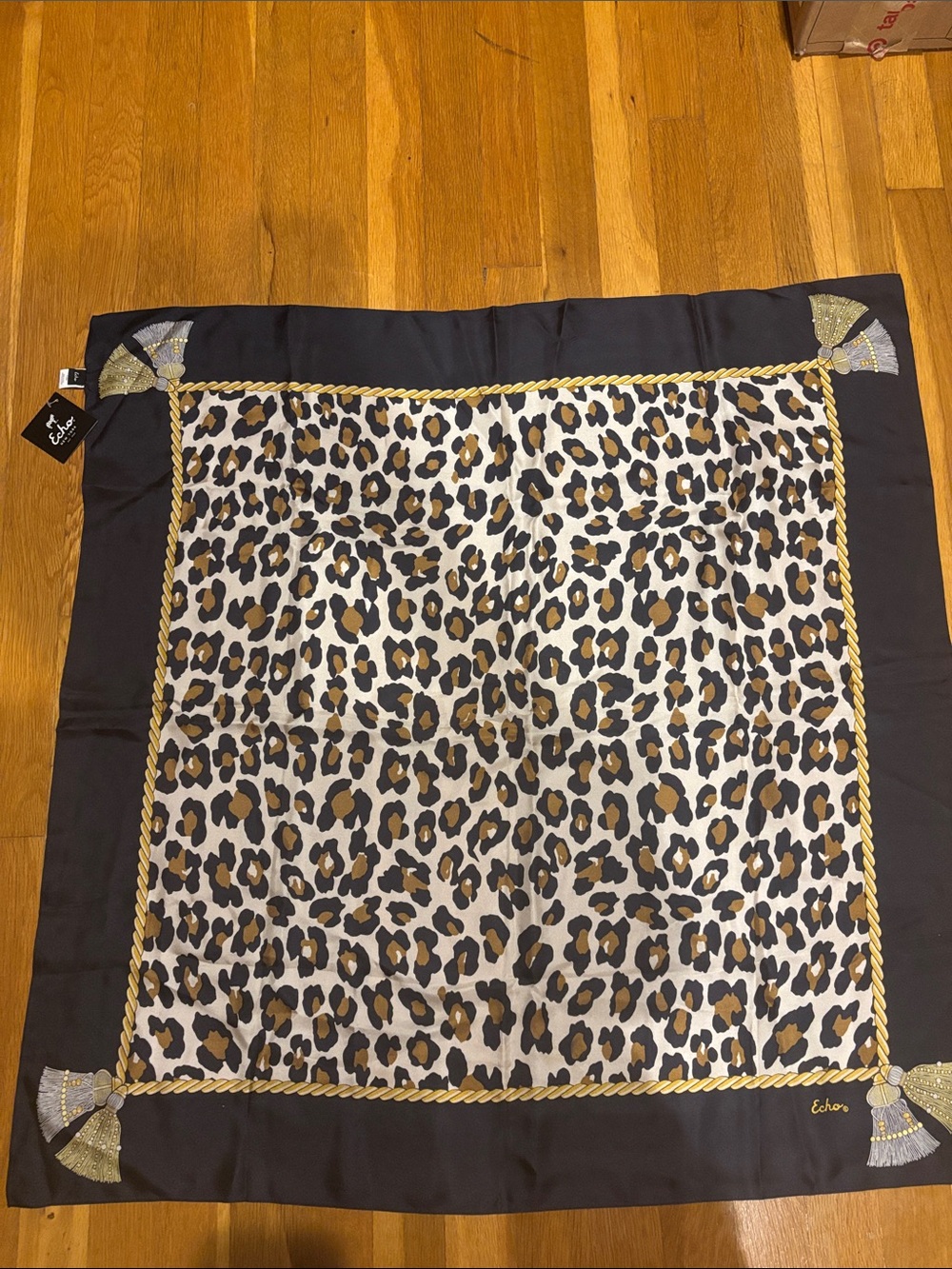 Echo Leopard Print Silk-Feel Scarf with Rope Border - Black, White & Brown